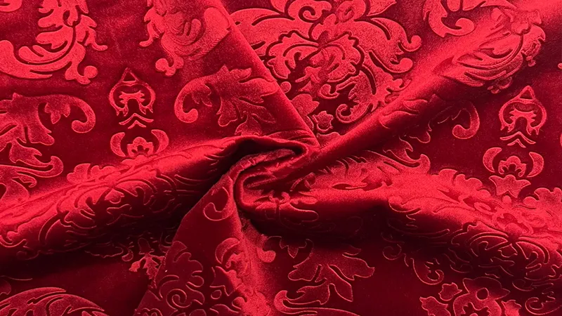 red embossed velvet fabric