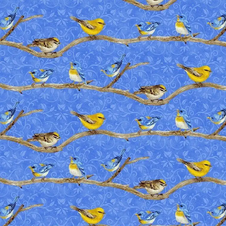 blue and yellow birds quilting fabric