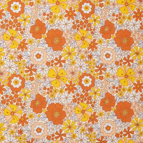 Orange Retro Flowers Cotton Calico Fabric