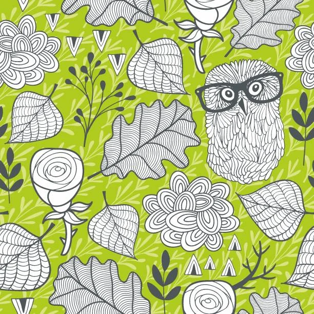 Abstract green owl fabric for quilting Serene