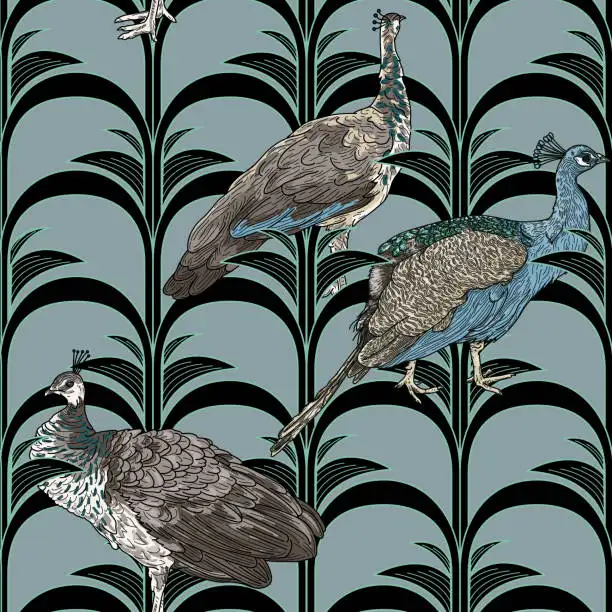 Art Deco Peacock and Plant Quilting Fabric