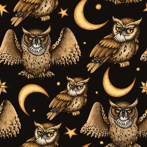 Black Gold Dynamic Owl Quilt Fabric Owl in Flight