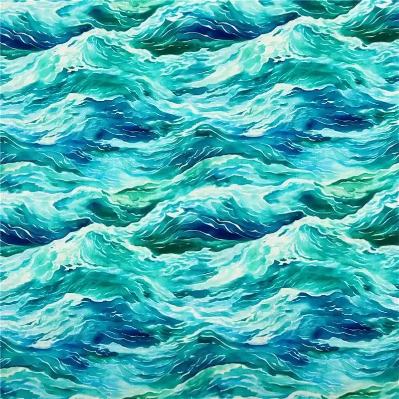 Green cotton ocean waves quilt fabric