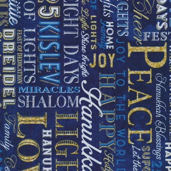 blue quilting fabric with words