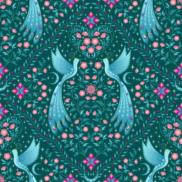 cotton Enchanting Peacock and Floral fabric