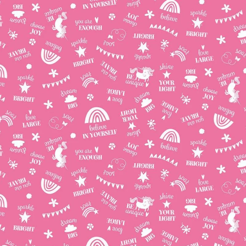 pink quilting fabric with words