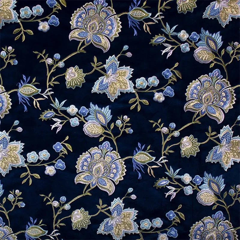 Blue Floral Velvet Fabric