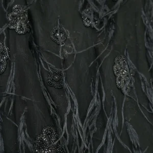 Black Beaded Feathered Embroidered Tulle Fabric