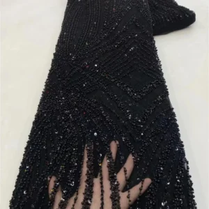 Black Heavy Beaded Lace Fabric