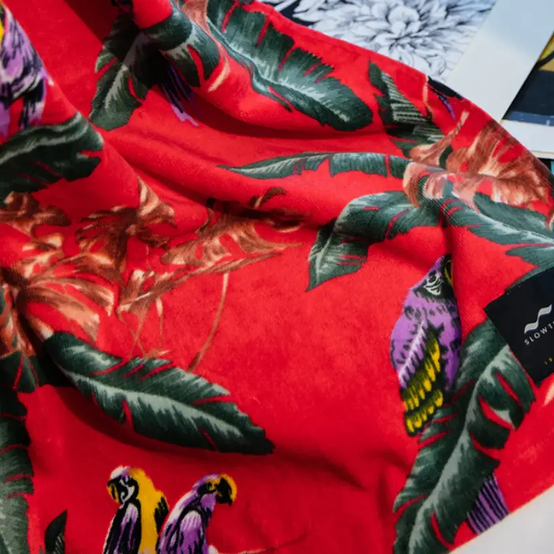 jungle birds on red beach towel fabric