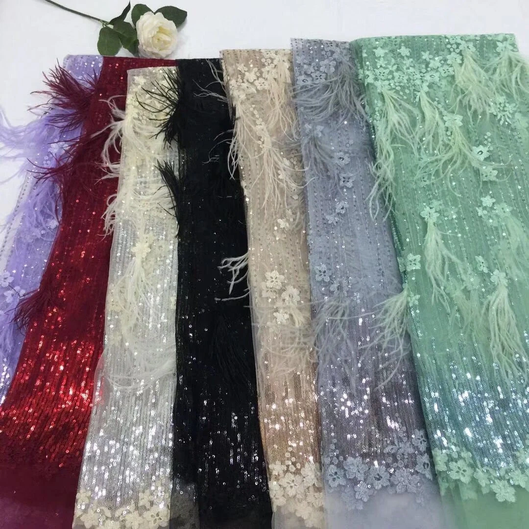 Sequins Feathers Mesh Fabric