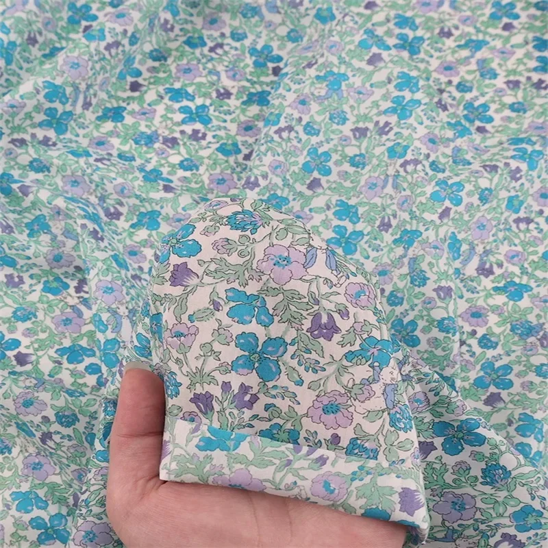 Blue green floral cotton lawn fabric