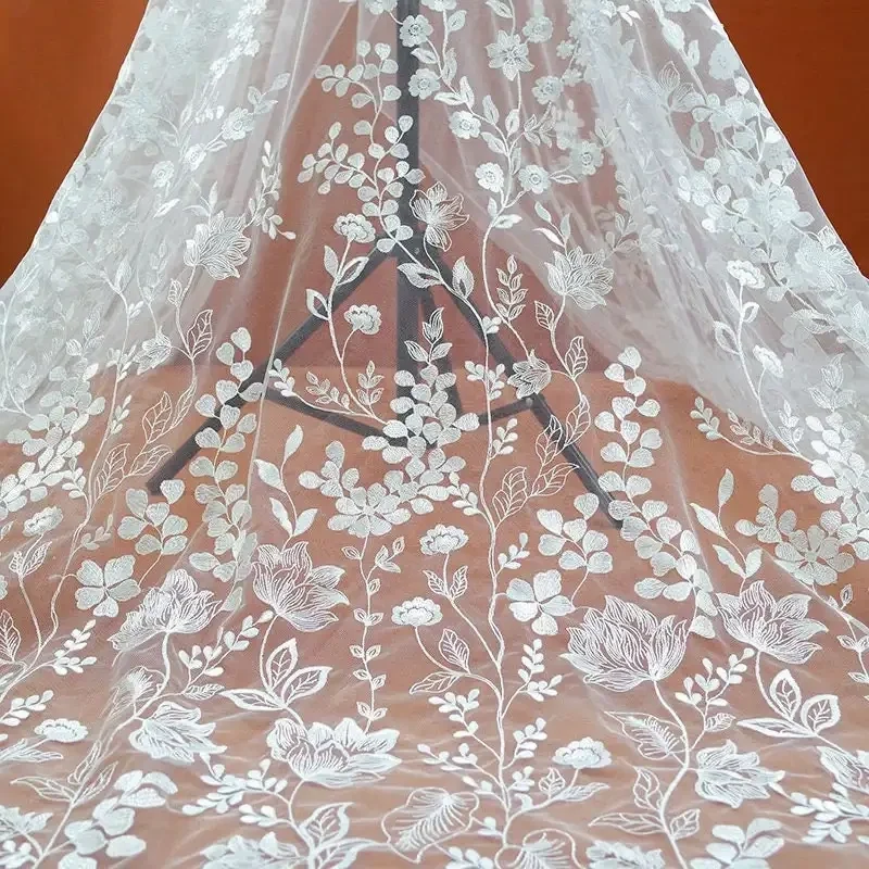 White Embroidered Tulle Fabric White Embroidered Tulle Fabric